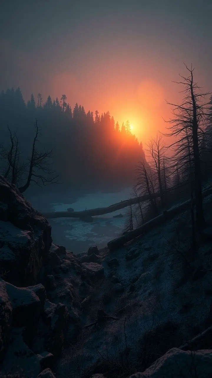 Rugged coastline silhouette at dawn with ancient forests, midwinter, mist, and dystopian lighting.