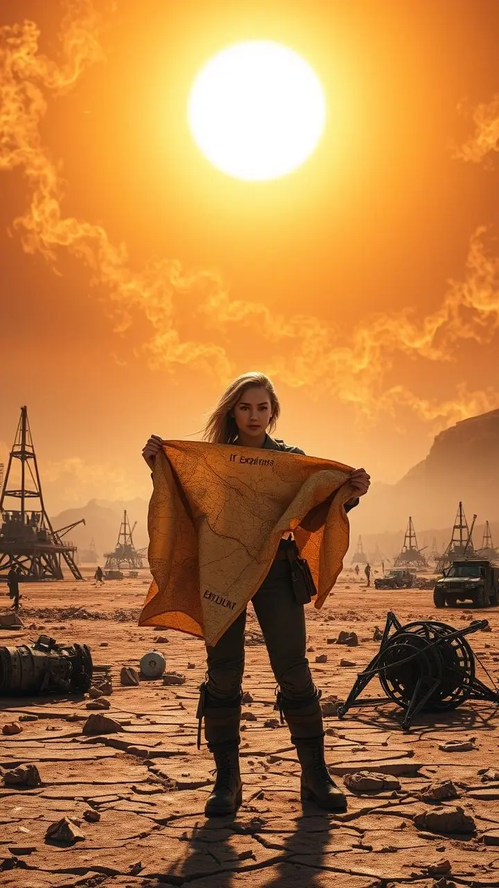 Emily in rugged attire examining a map in a barren desert with holographic projections.