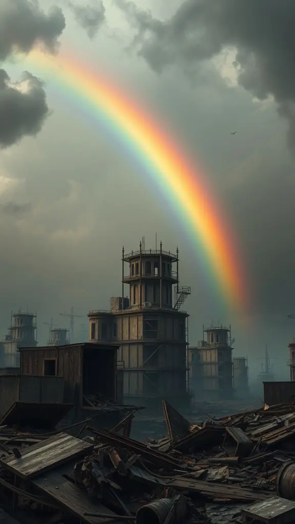 Dystopian cityscape with double rainbow under a stormy sky.