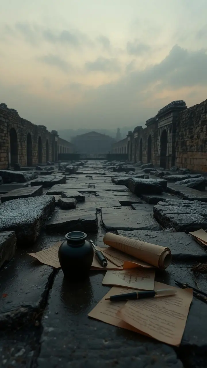 Ancient ruins of Ostia Antica at dusk with futuristic projections and frost.