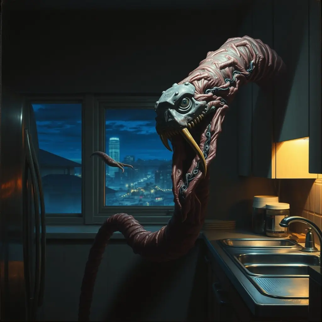 A cybernetic worm creature with steel and flesh in a dark kitchen.