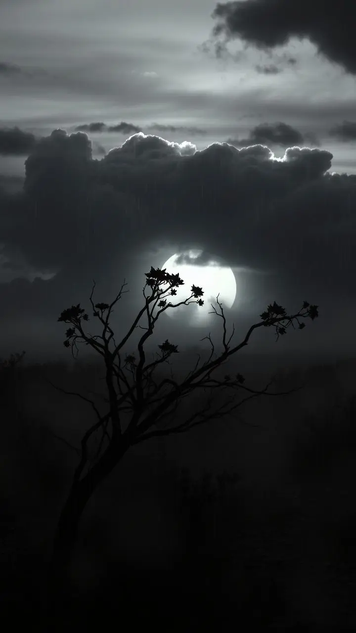 Monochrome dystopian landscape with a puzzle symbolizing biodiversity amidst rain and mist, under stormy sunset.