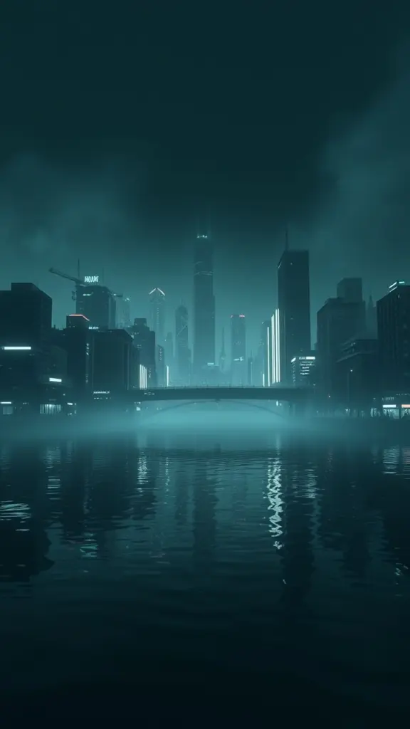 Dystopian cityscape reflection with neon lights and cold atmosphere.