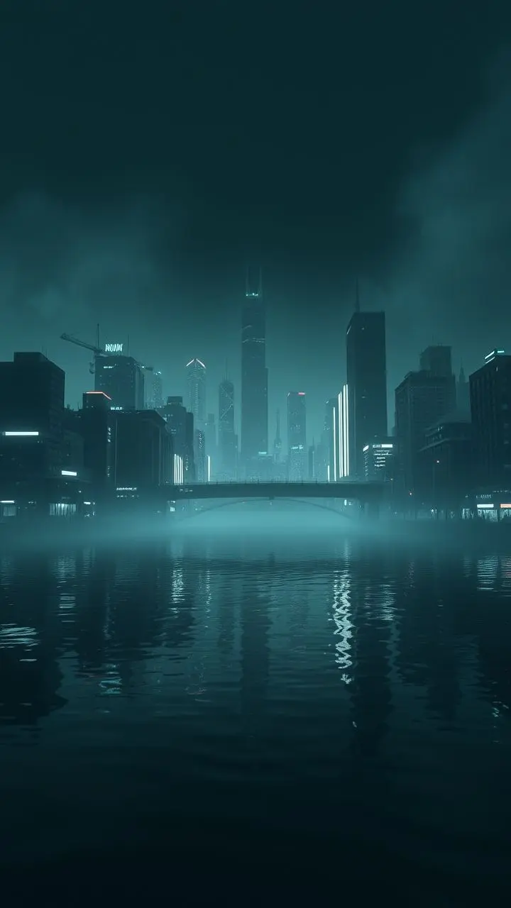 Dystopian cityscape reflection with neon lights and cold atmosphere.