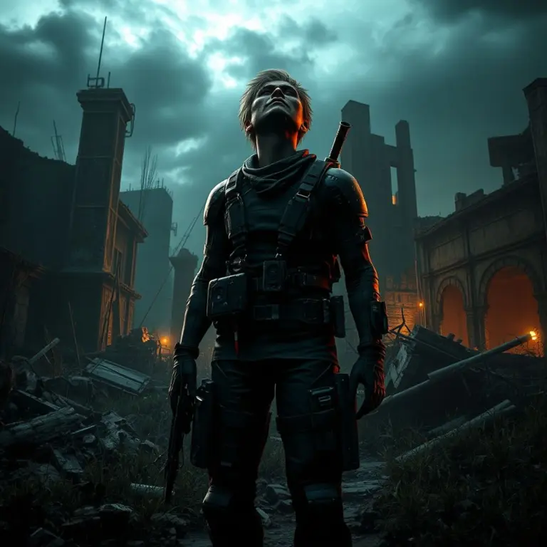 Protagonist in a dark, ruined environment, game-inspired.