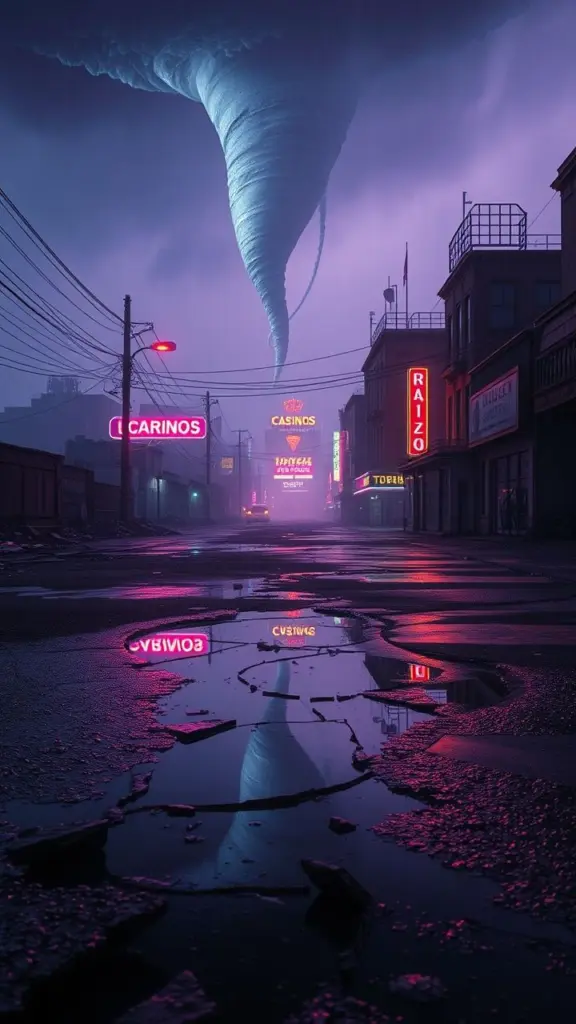 Dystopian cityscape with neon reflections in puddles under a stormy sky.