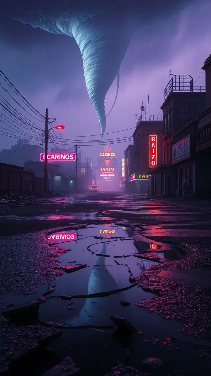 Dystopian cityscape with neon reflections in puddles under a stormy sky.