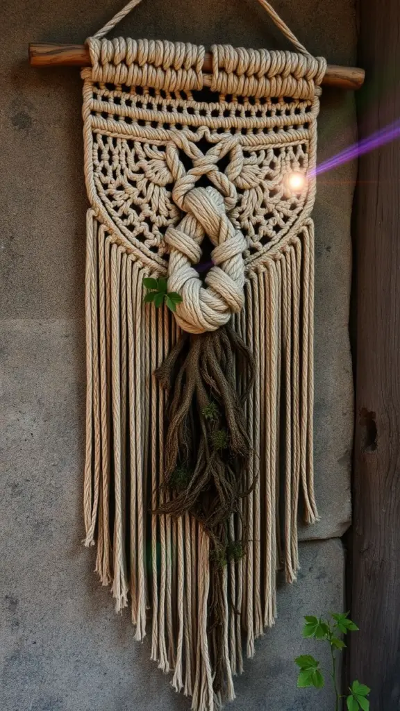 Macrame wall hanging with burning roots and moss.