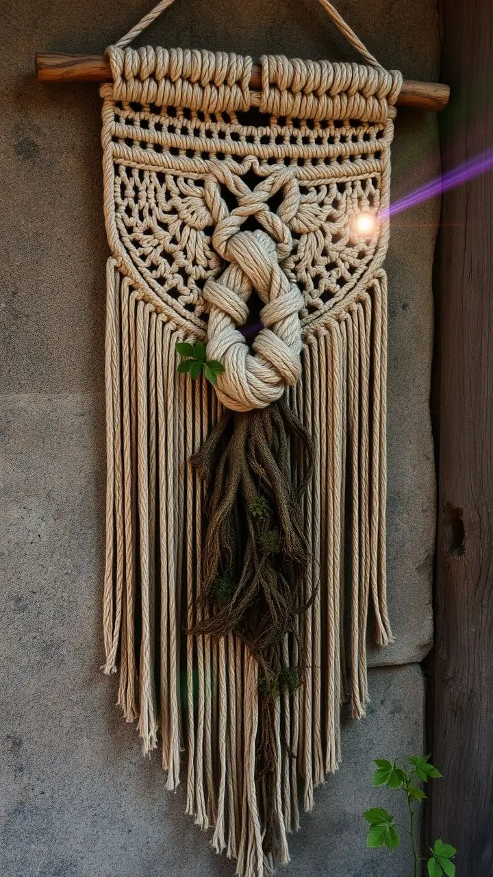 Macrame wall hanging with burning roots and moss.