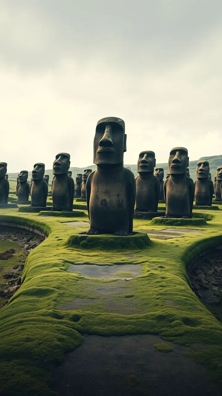 Painterly depiction of Easter Island moai statues on mossy paths, with subtle archival symbols and frame-skipped distortions.