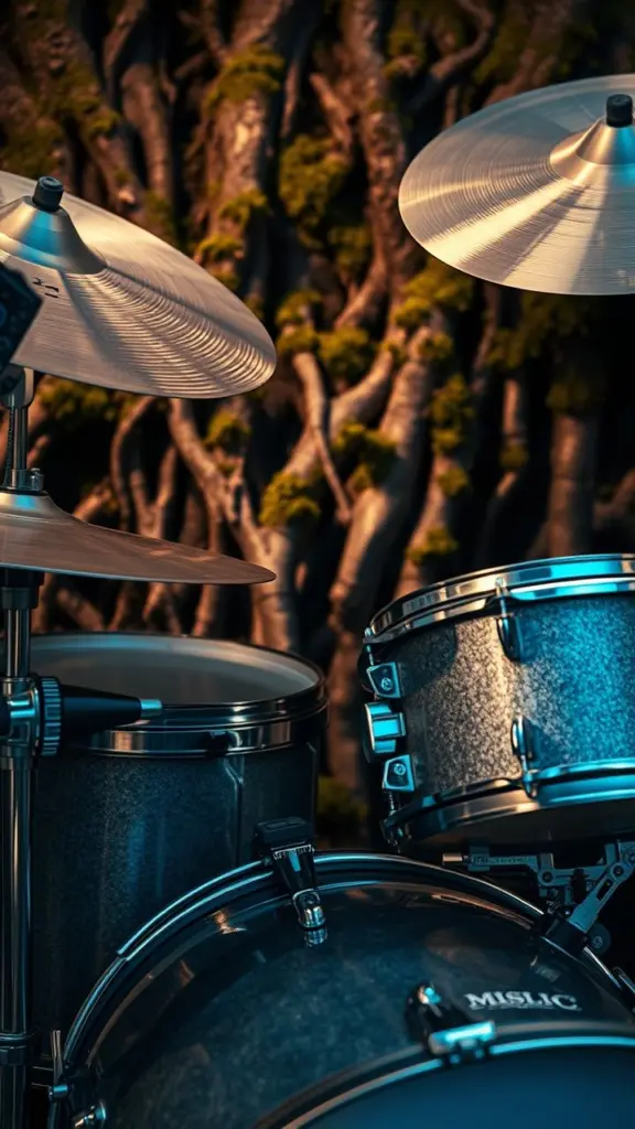 Close-up of a drum kit with cymbals near mossy roots, cinematic style.
