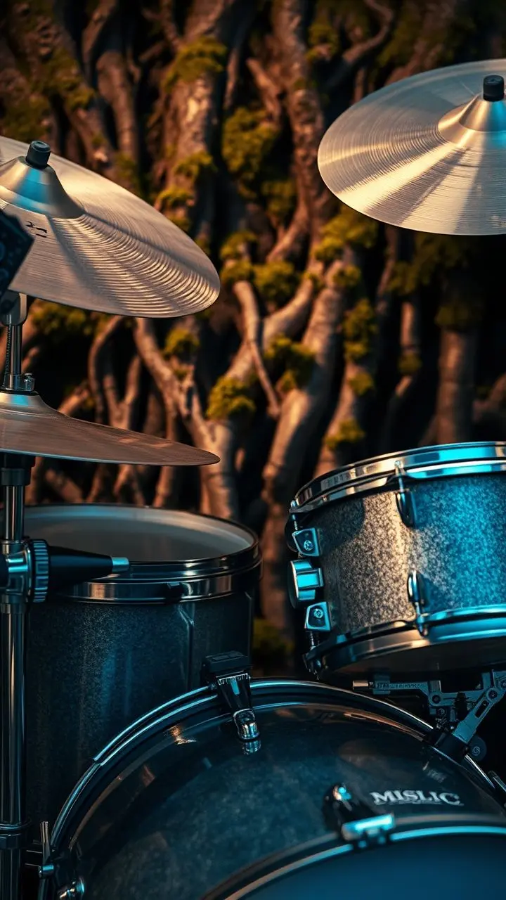 Close-up of a drum kit with cymbals near mossy roots, cinematic style.