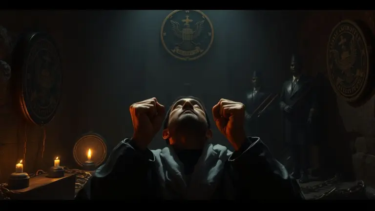 Hyper-realistic scene with chiaroscuro lighting, showing symbols of authority and broken chains representing defiance.