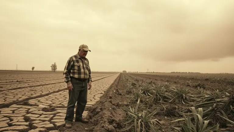 Sepia-toned image of a farmer standing in a cracked, dry field next to his uprooted crops, with his family looking on sadly.