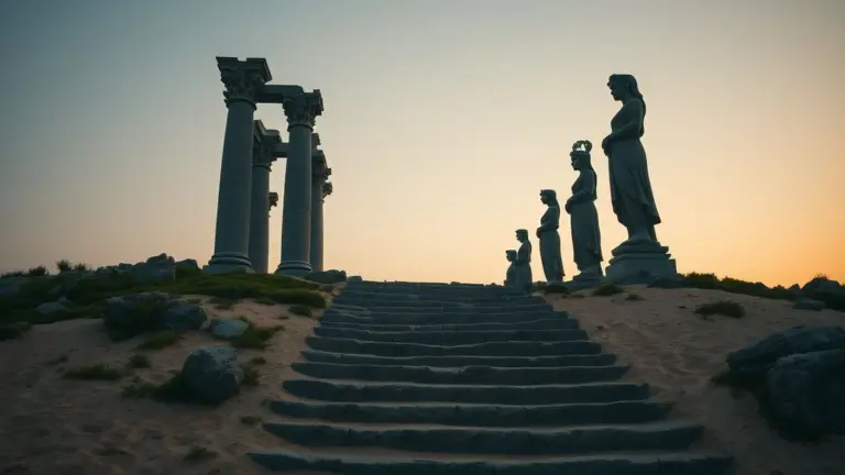 Dilapidated stone columns and steps covered in moss and sand, with broken statues under a twilight sky.