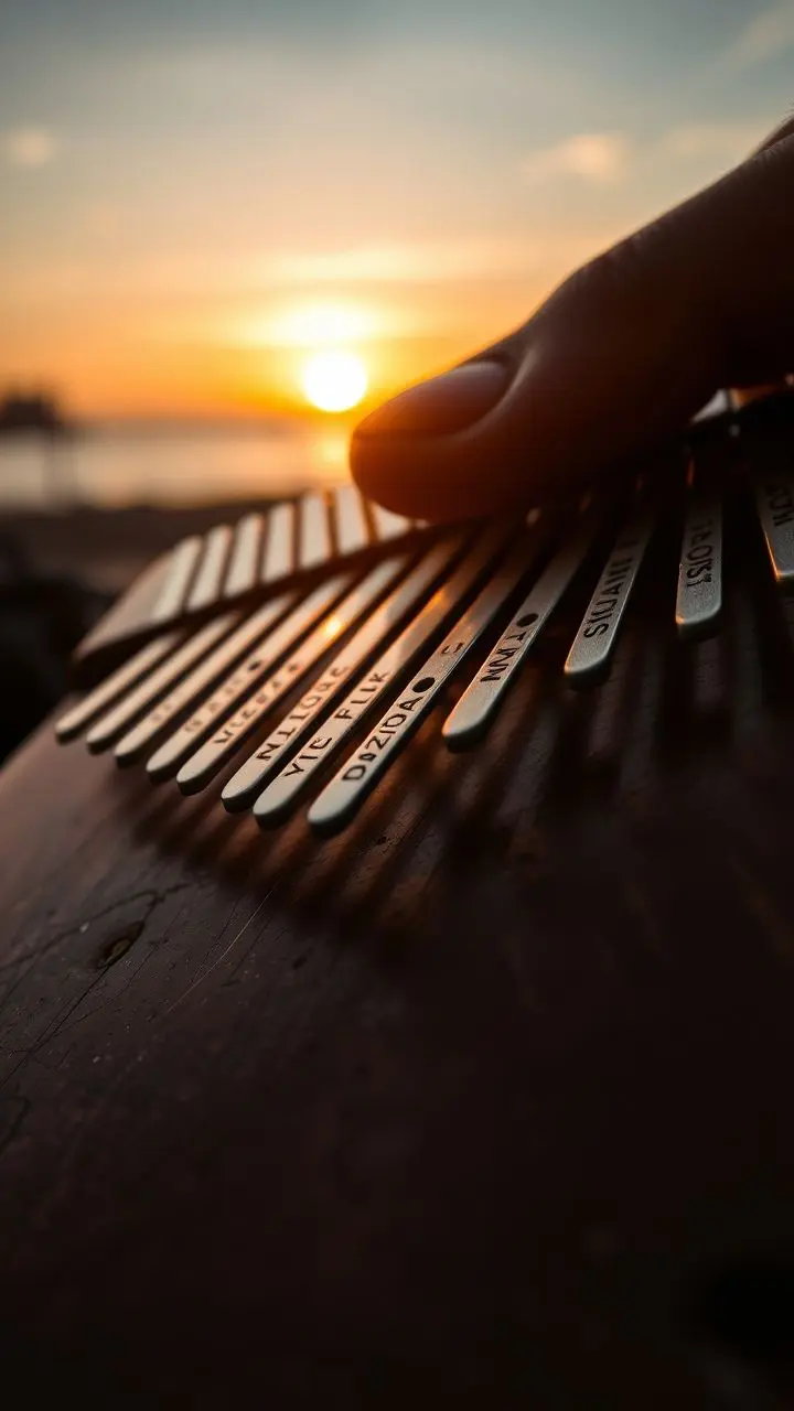 Close-up of a kalimba with inscribed words being played at sunset.