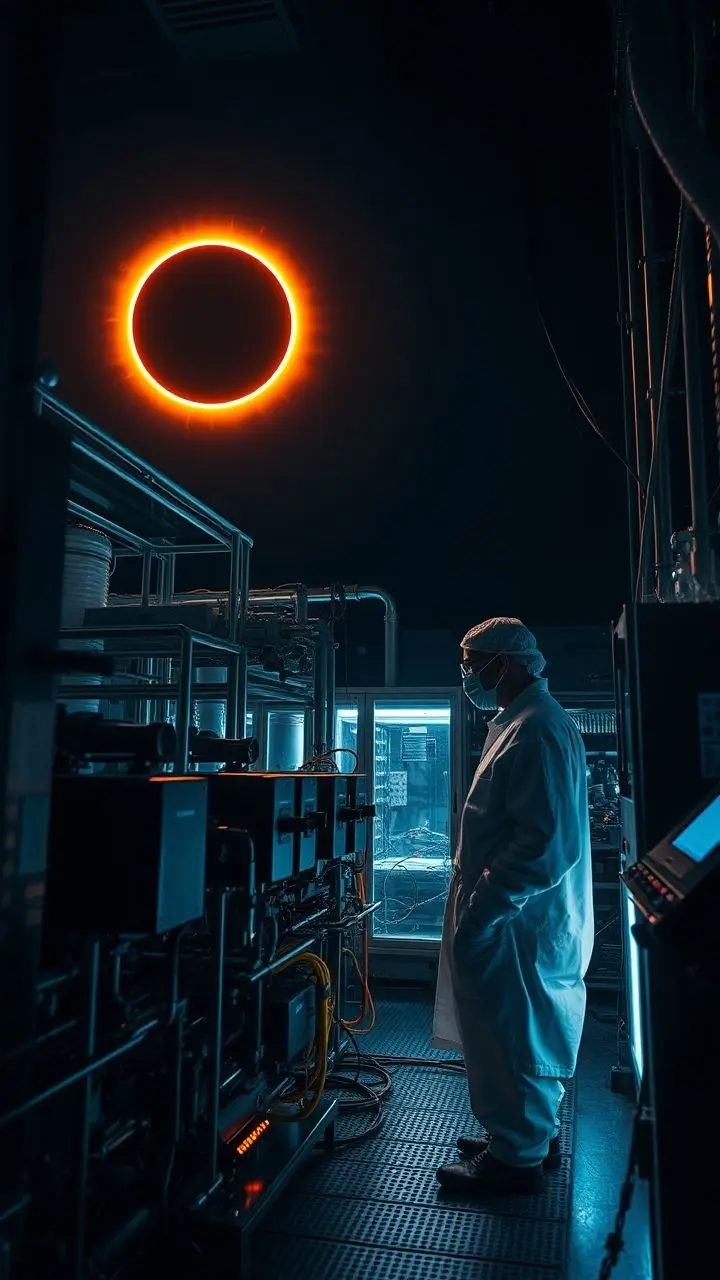Scholar examining advanced biodiesel equipment during a solar eclipse.