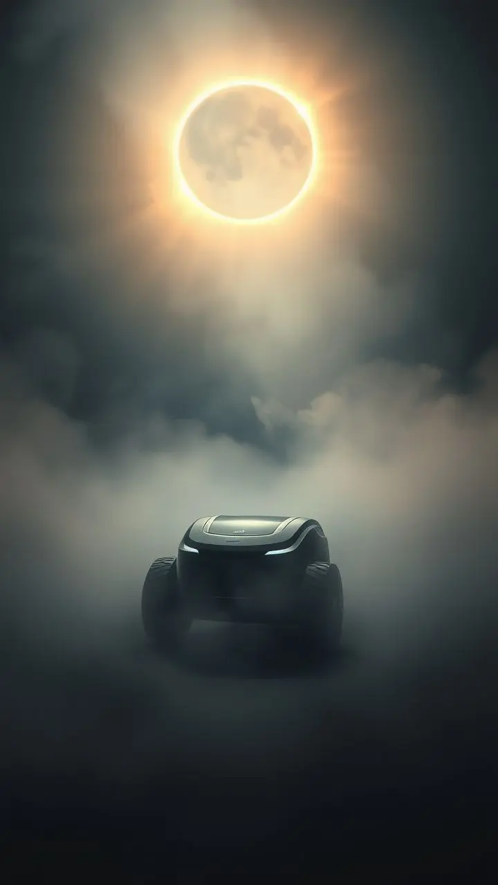 Robot vacuum in fog during solar eclipse with pastel chalk streaks.