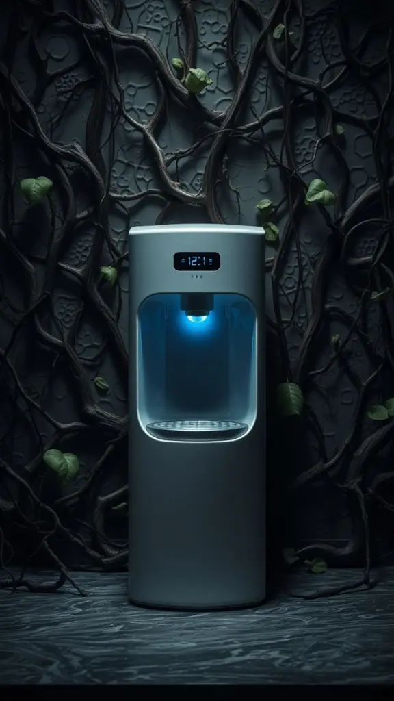 Sleek ceramic water dispenser with LED display amidst chaotic vines and cellular patterns.