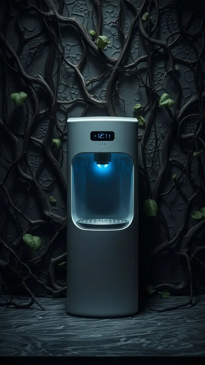 Sleek ceramic water dispenser with LED display amidst chaotic vines and cellular patterns.