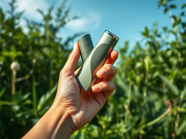 Close-up of a hand holding a biodegradable inhaler with green background.