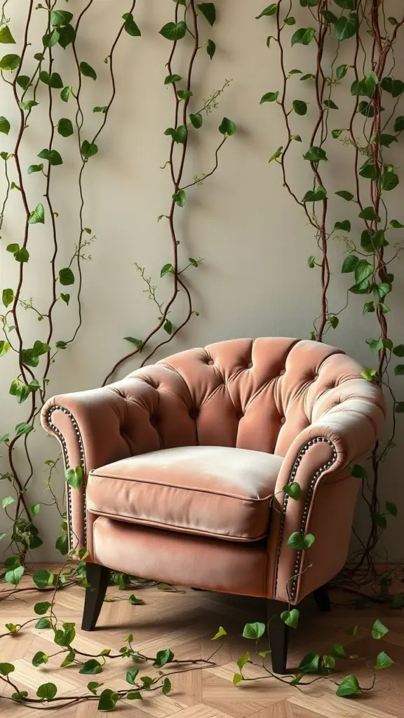 Velvet chair with vines, Niger-inspired, pastel colors, eco-friendly design.