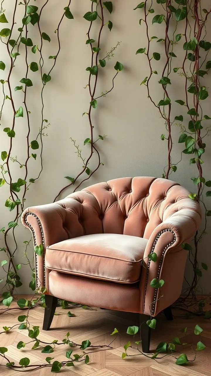 Velvet chair with vines, Niger-inspired, pastel colors, eco-friendly design.