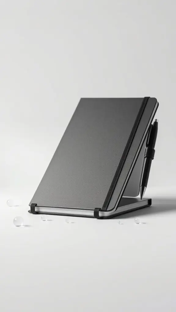 Minimalist eco-notebook with water droplets and mist.