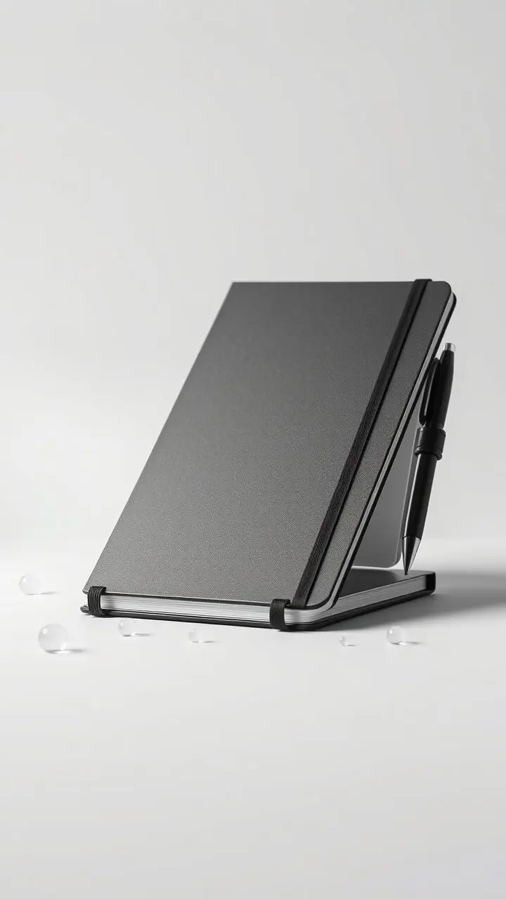 Minimalist eco-notebook with water droplets and mist.