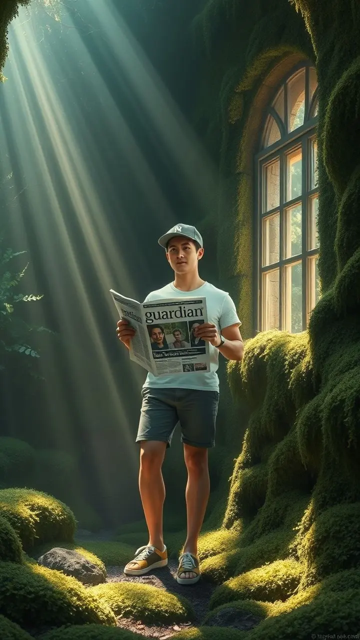 Eddie holding 'Guardian' publication in a mossy, sunlit landscape with themes of Carbon Pricing and Chaos Control.