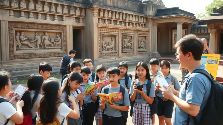 School group at Prasat Si Khoraphum with guide