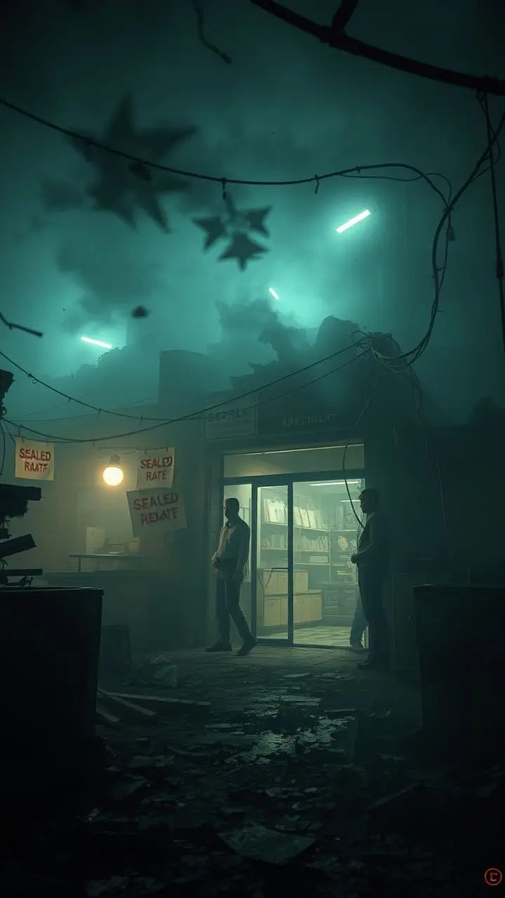 Abandoned appliance shop at night, covered in fog, with flickering lights and broken architecture.