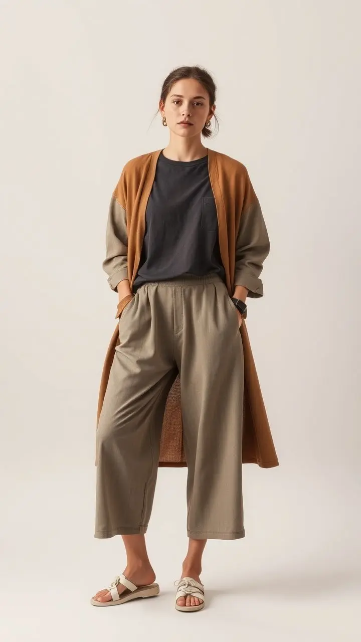 A person wearing loose-fitting, comfortable casual clothing.