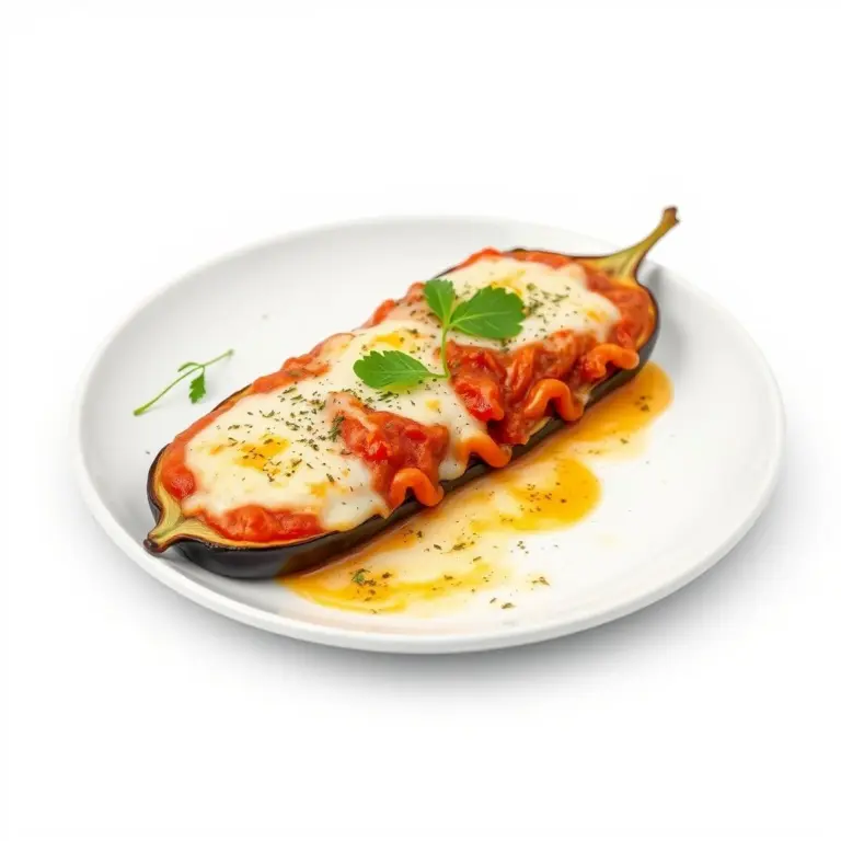 Realistic Eggplant Parmesan with Mediterranean Twist on a white plate.