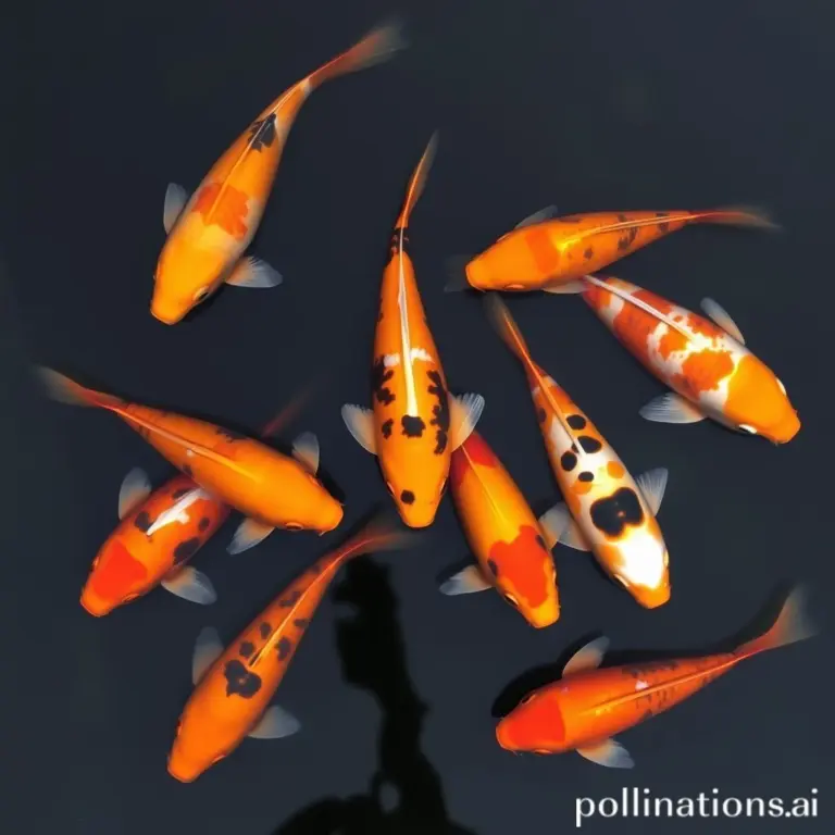 Eight golden koi fish and one black koi swimming in dark water.