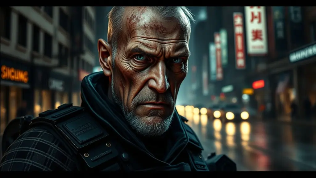 Elderly Albert Wesker with scars, wearing tactical gear, in a neon-lit, rain-soaked dystopian city.