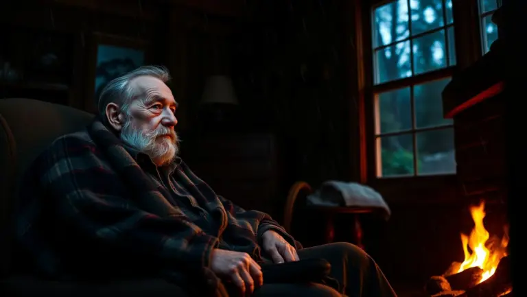 Elderly man with gray beard and weary blue eyes sitting in an armchair by a fireplace.