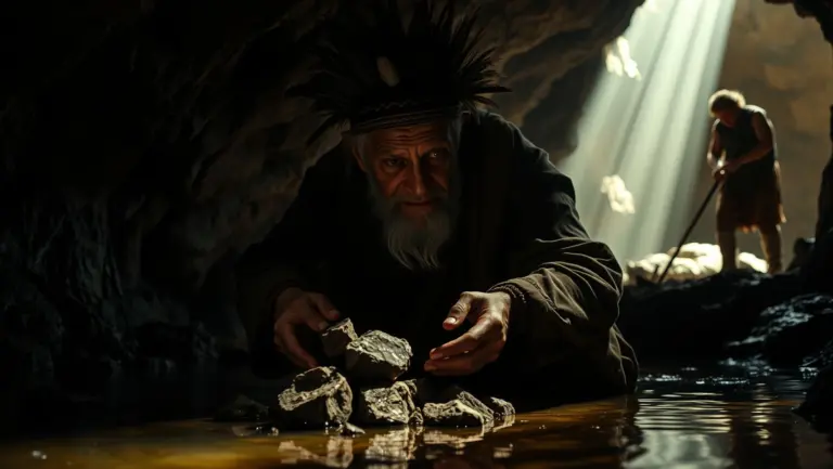 Elderly sage Ahau examining rocks in a cave.