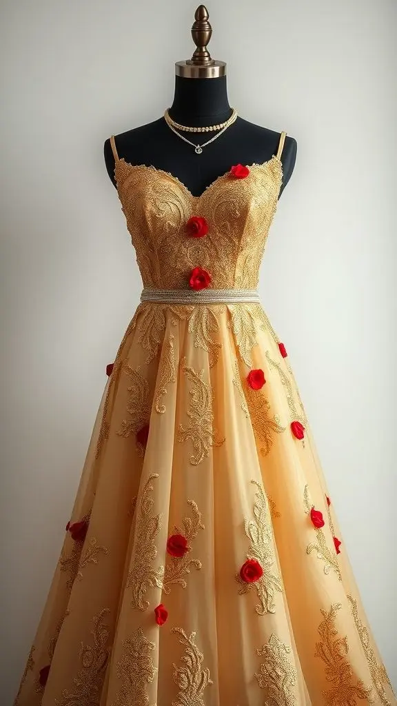 Golden bridal dress with red details on a black mannequin.