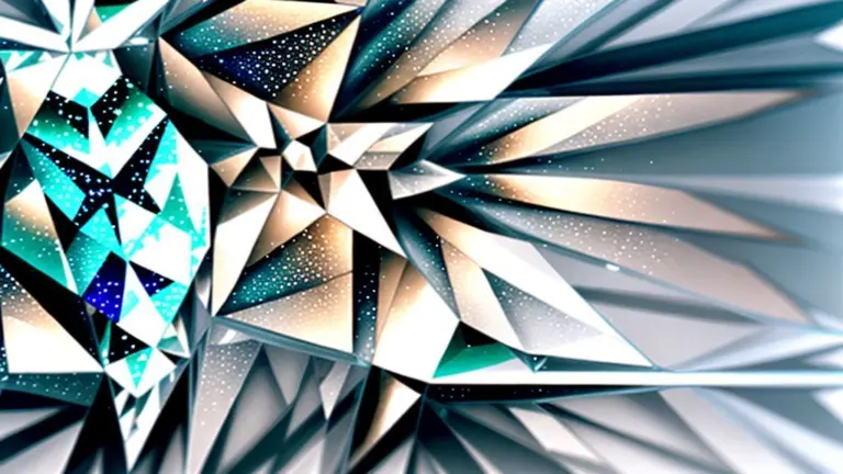 Geometric crystalline pattern backdrop with soft shimmer and pastel colors.
