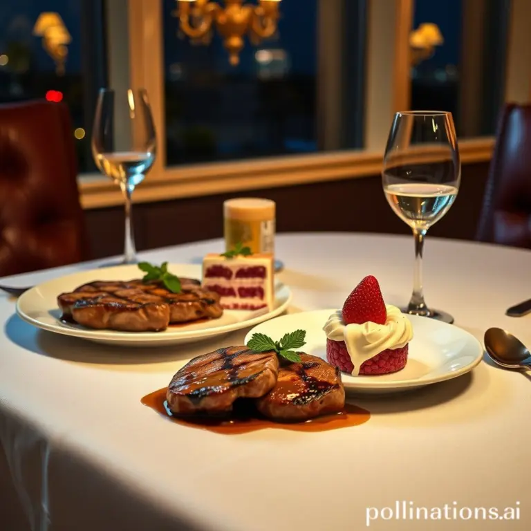 Two steak dinners and a strawberry cake on a fancy table.