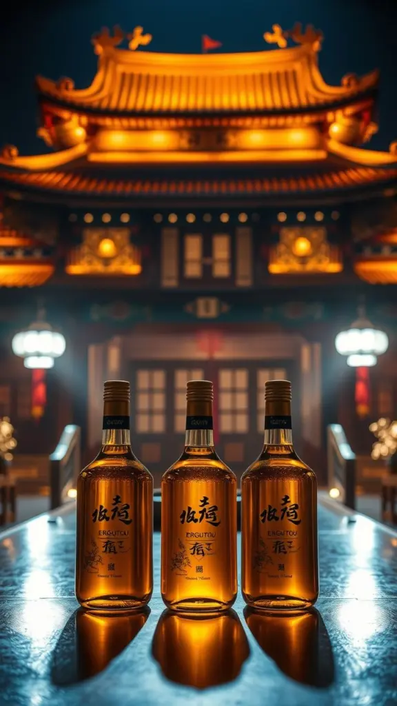 Jinggong Palace interior with Erguotou wine bottles.