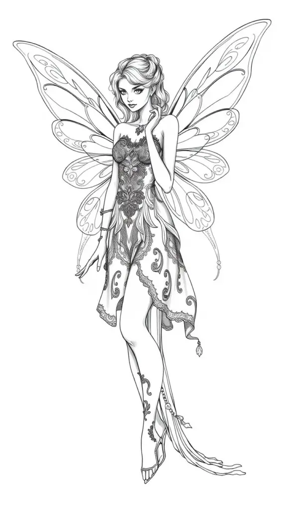 Black and white coloring page of an elegant fairy with luminous wings.