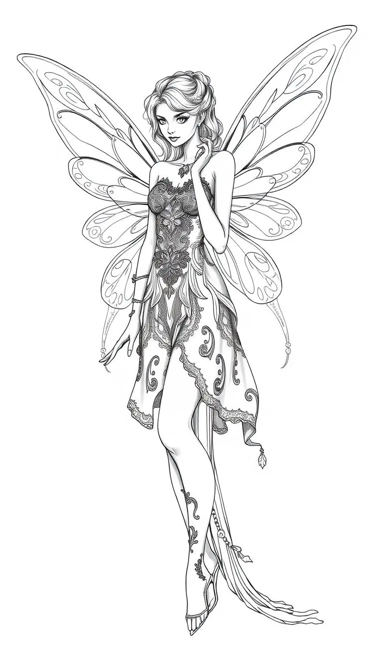 Black and white coloring page of an elegant fairy with luminous wings.
