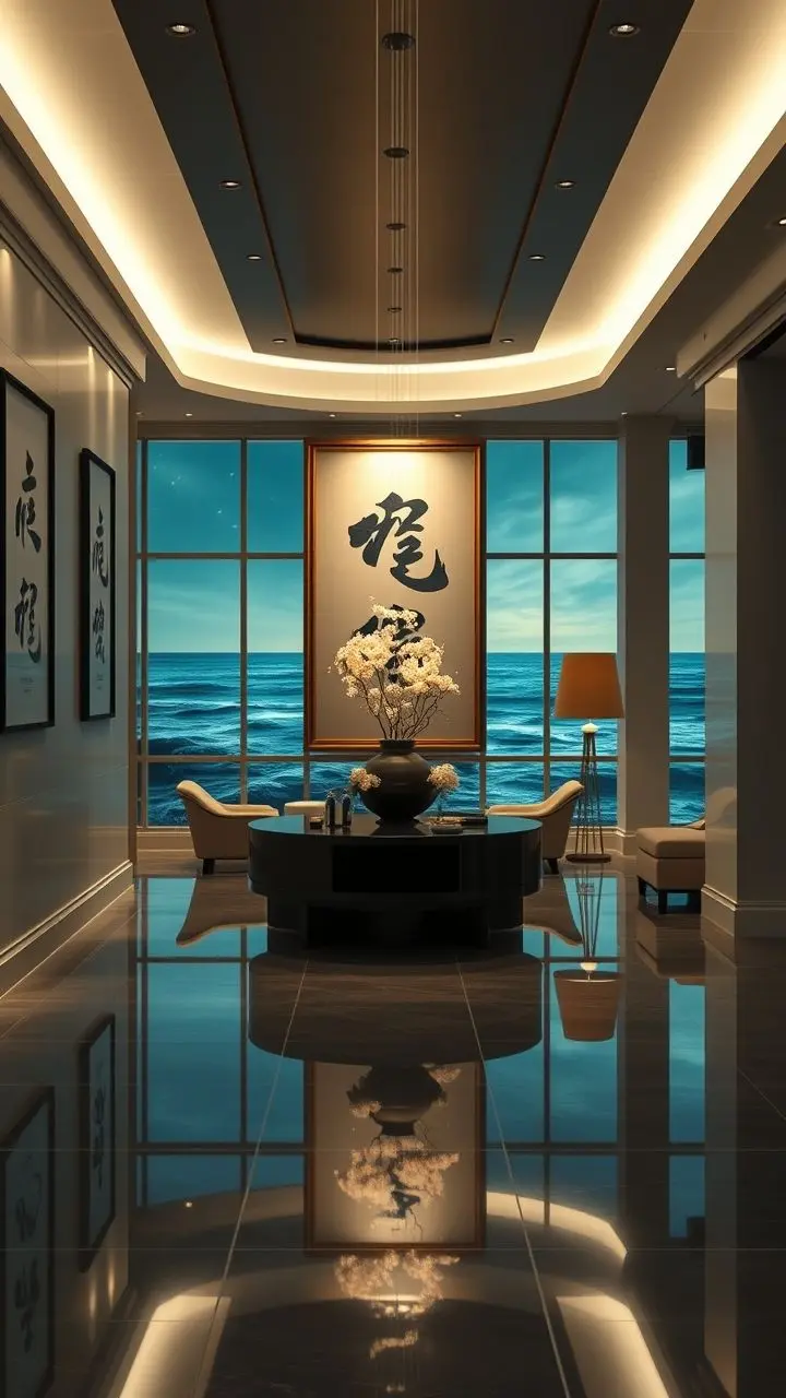 Hall with calligraphy art, ocean view, and melting fireflies.