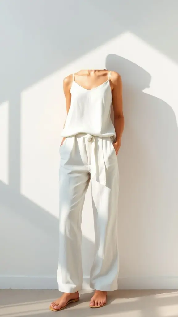 Ice linen two-piece outfit with natural shadows on a minimalist background.