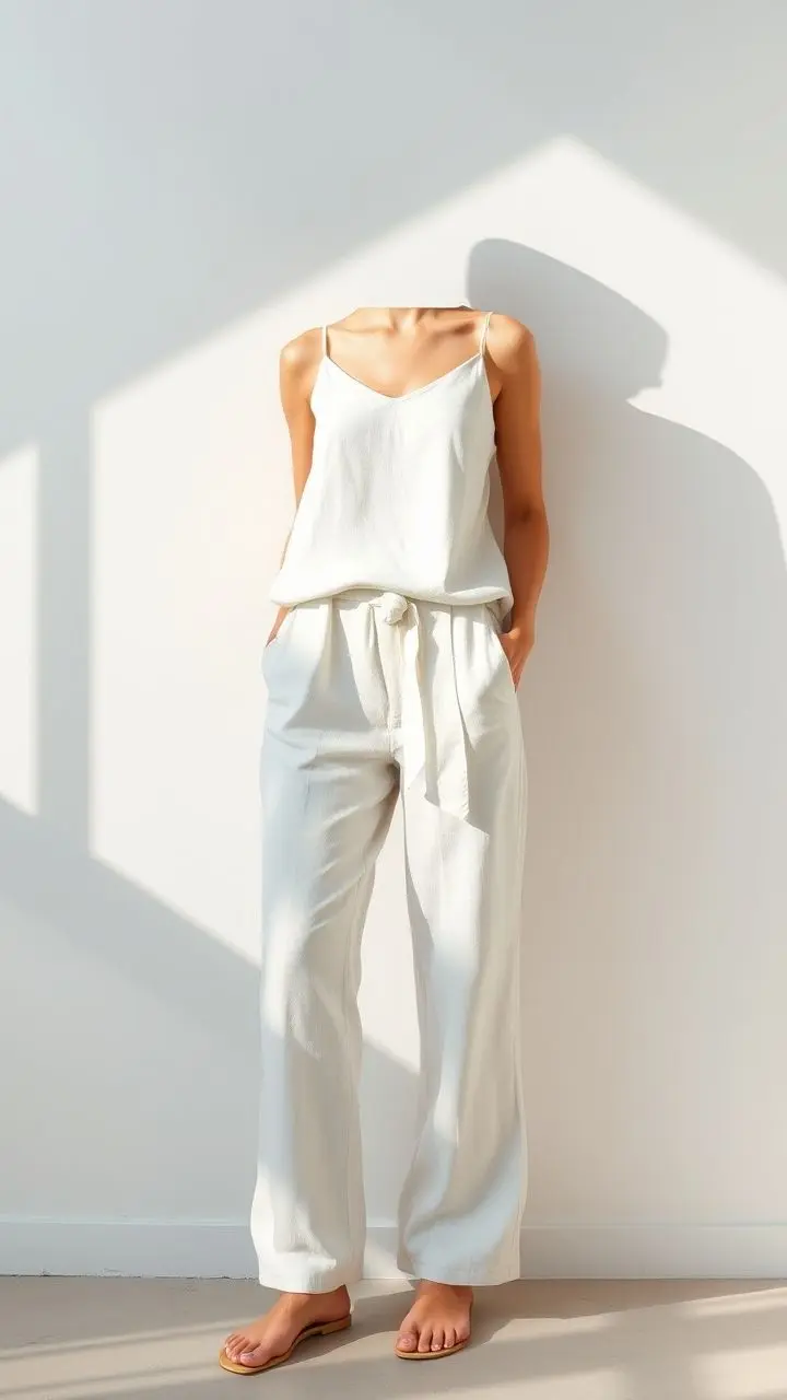 Ice linen two-piece outfit with natural shadows on a minimalist background.