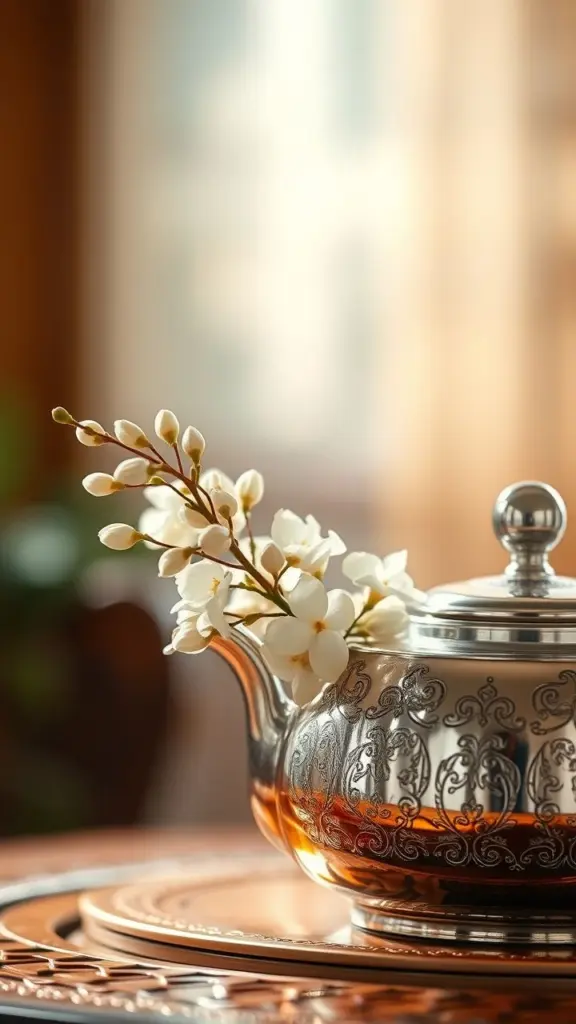 Jasmine buds in a silver teapot with soft lighting.