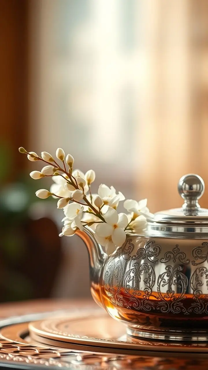 Jasmine buds in a silver teapot with soft lighting.