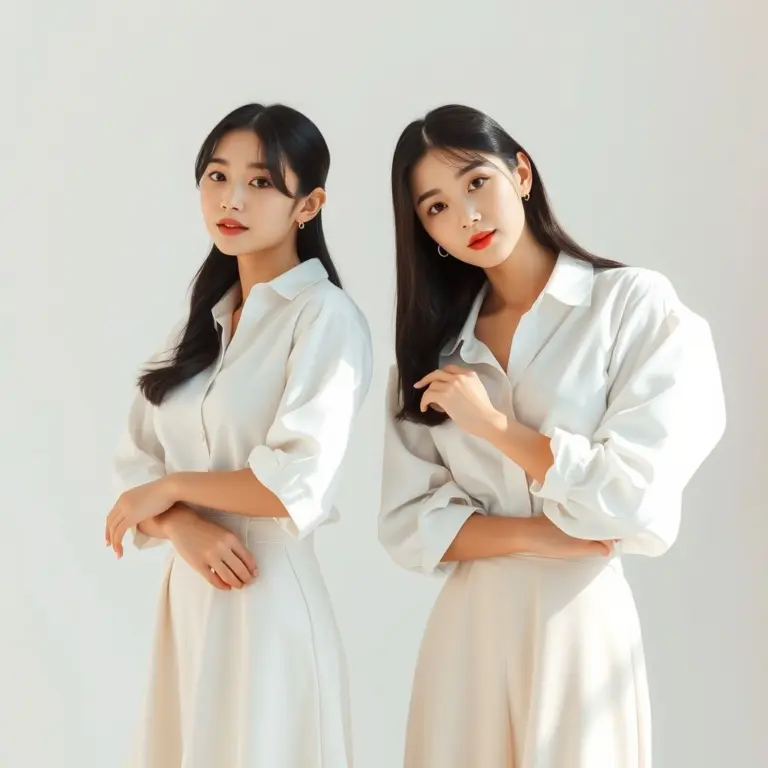 Two Korean women in white blouses and skirts.